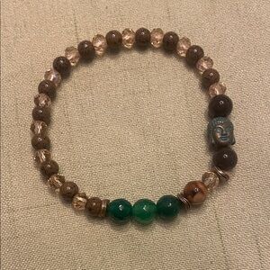 Handcrafted Green Agate & Brown Bead Stretch Bracelet with Buddha Accent